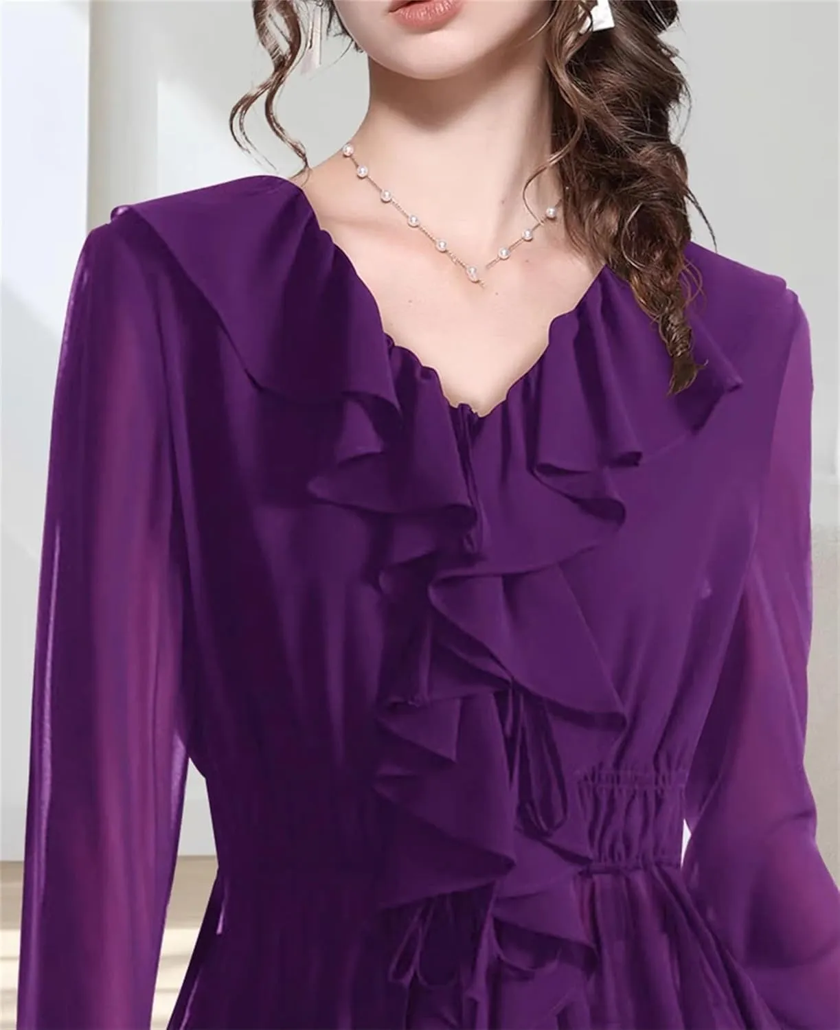 Women's Soild Long Sleeve V-Neck Ruffled Blouse Tops Elegant Slim Elastic Waist Fashion Casual Shirts