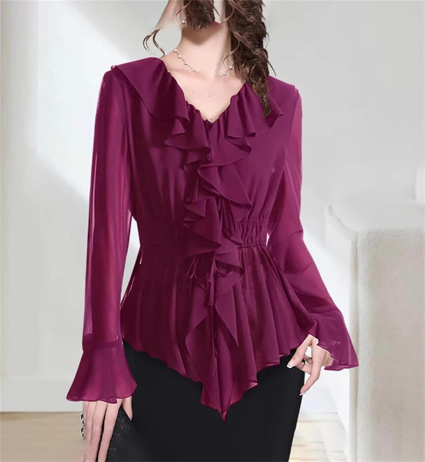 Women's Soild Long Sleeve V-Neck Ruffled Blouse Tops Elegant Slim Elastic Waist Fashion Casual Shirts