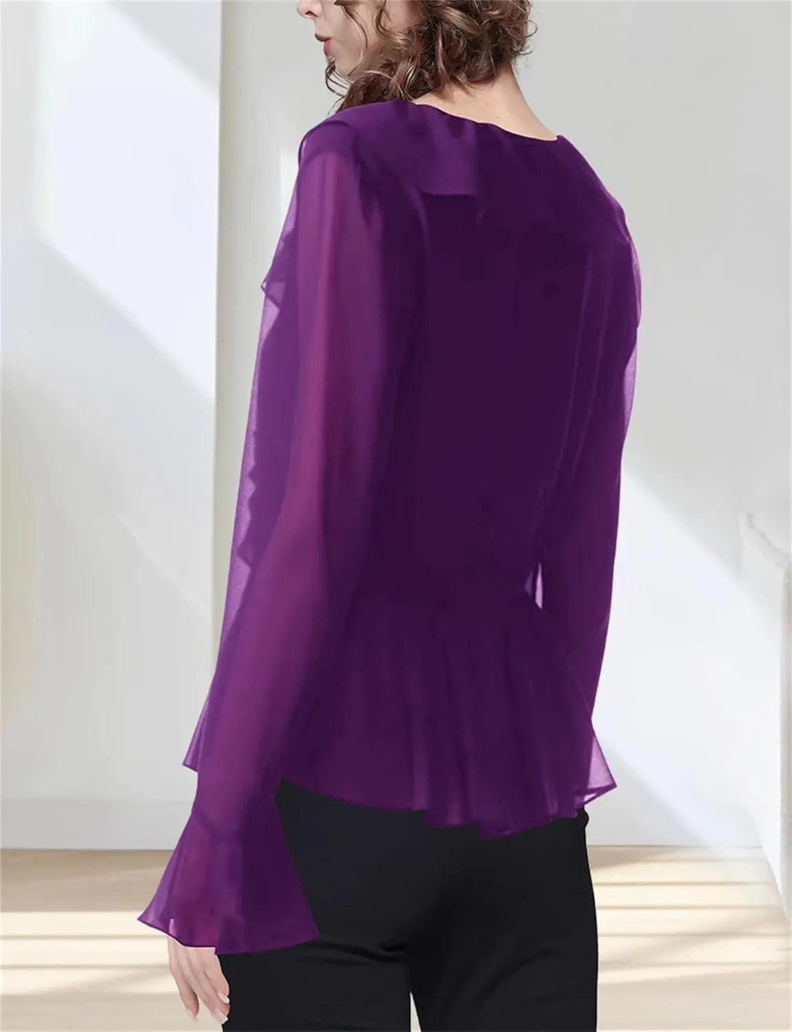 Women's Soild Long Sleeve V-Neck Ruffled Blouse Tops Elegant Slim Elastic Waist Fashion Casual Shirts