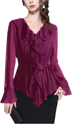 Women's Soild Long Sleeve V-Neck Ruffled Blouse Tops Elegant Slim Elastic Waist Fashion Casual Shirts