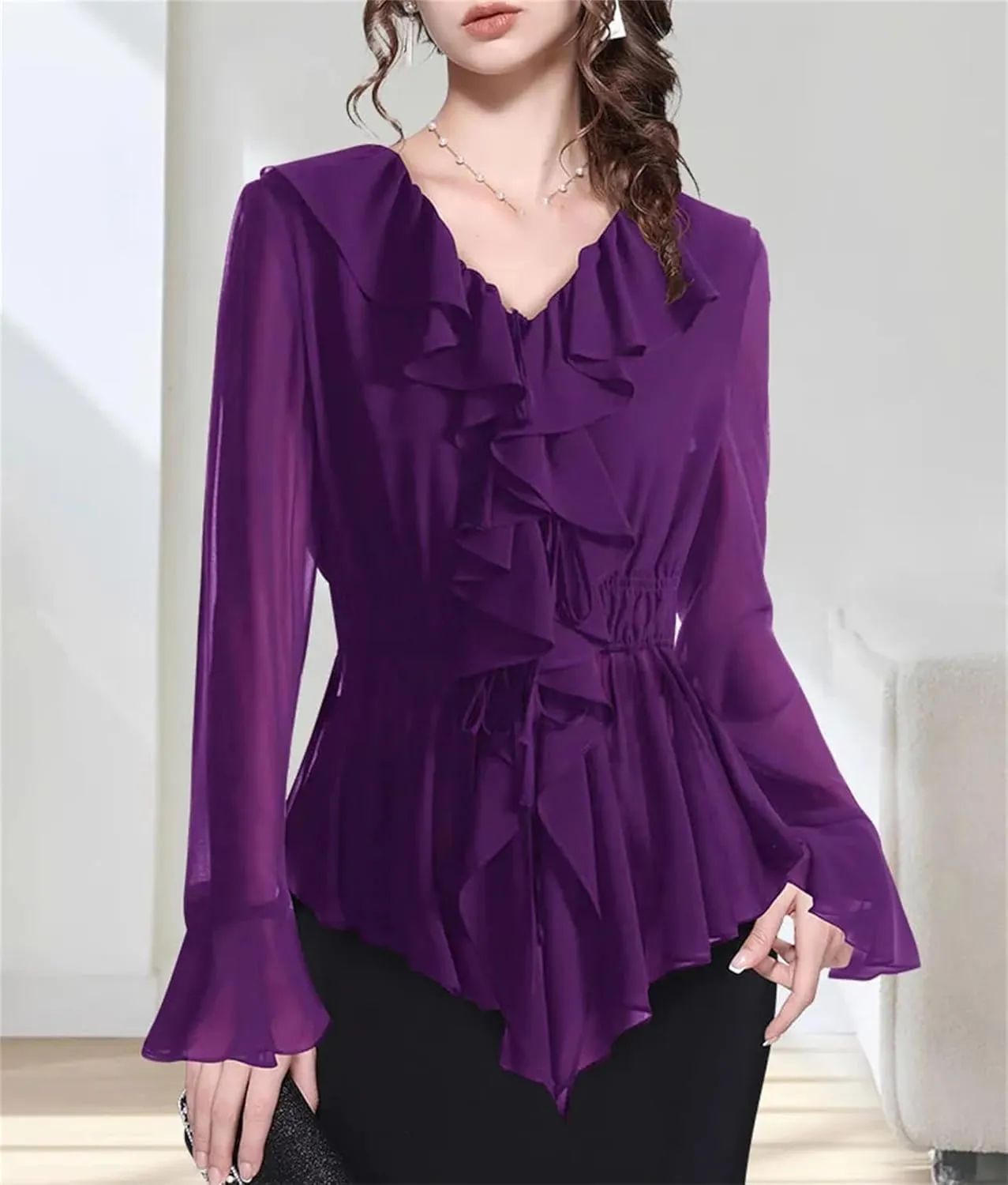 Women's Soild Long Sleeve V-Neck Ruffled Blouse Tops Elegant Slim Elastic Waist Fashion Casual Shirts