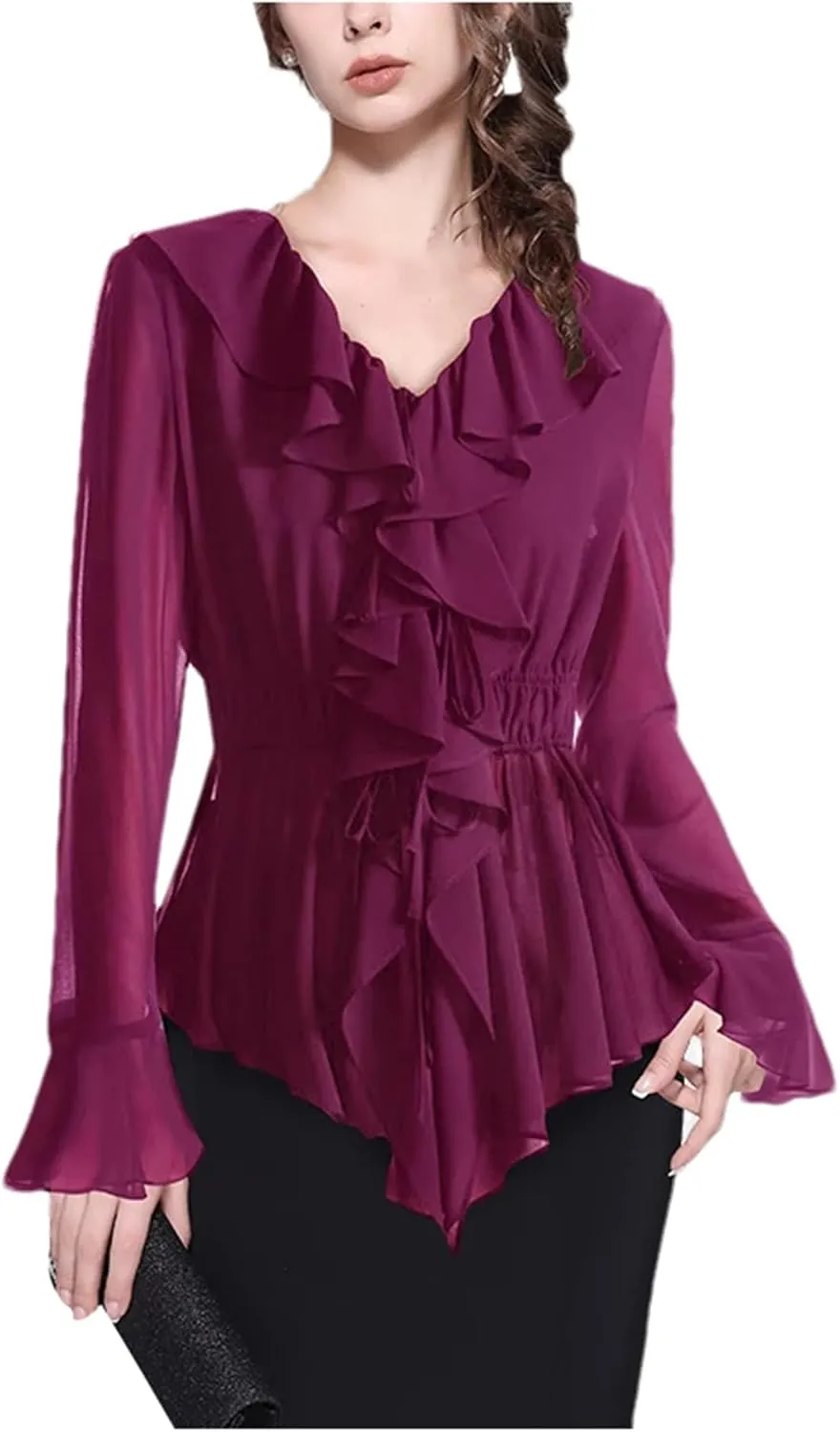 Women's Soild Long Sleeve V-Neck Ruffled Blouse Tops Elegant Slim Elastic Waist Fashion Casual Shirts