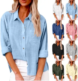 Womens Solid Button Down V Neck T Shirt Summer Cotton Linen Loose Blouse Long Sleeve Casual Work Tunic Tops