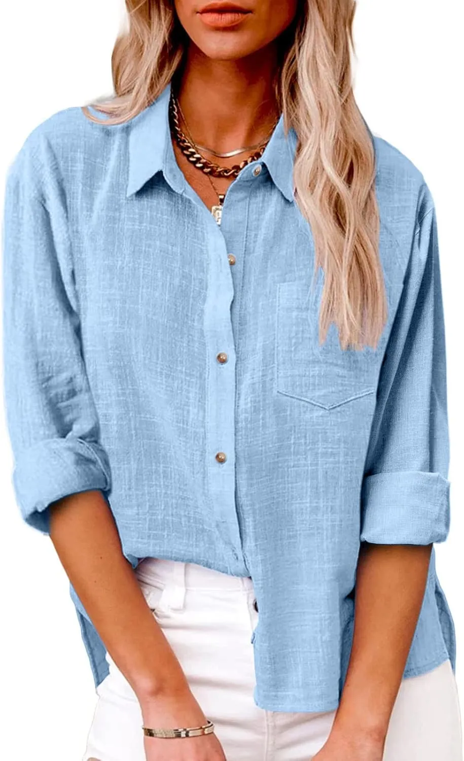 Womens Solid Button Down V Neck T Shirt Summer Cotton Linen Loose Blouse Long Sleeve Casual Work Tunic Tops