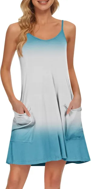 Women's Spaghetti Strap Dress Summer Boho Floral Print Sundress Casual Vacation Beach Cover Dresses with Pockets