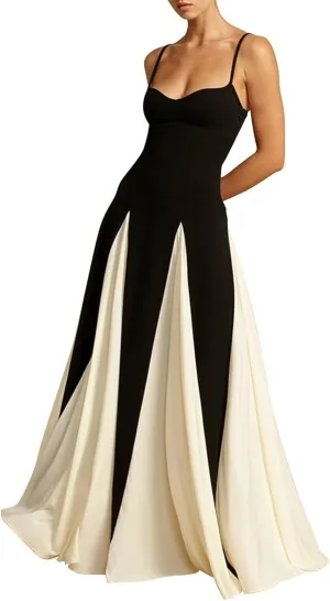Women's Spaghetti Strap Maxi Dress Trendy Flowy Color Block Sleeveless Patchwork Swing Long Prom Dresses