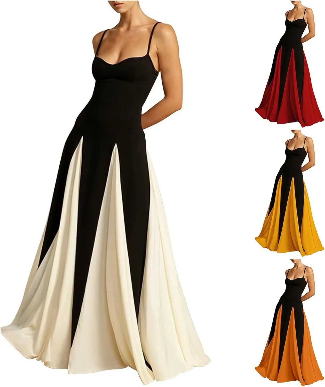 Women's Spaghetti Strap Maxi Dress Trendy Flowy Color Block Sleeveless Patchwork Swing Long Prom Dresses