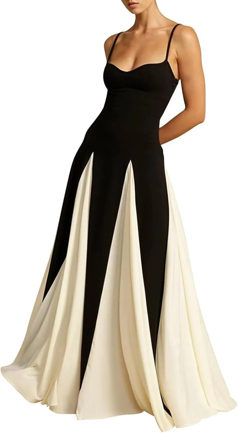 Women's Spaghetti Strap Maxi Dress Trendy Flowy Color Block Sleeveless Patchwork Swing Long Prom Dresses