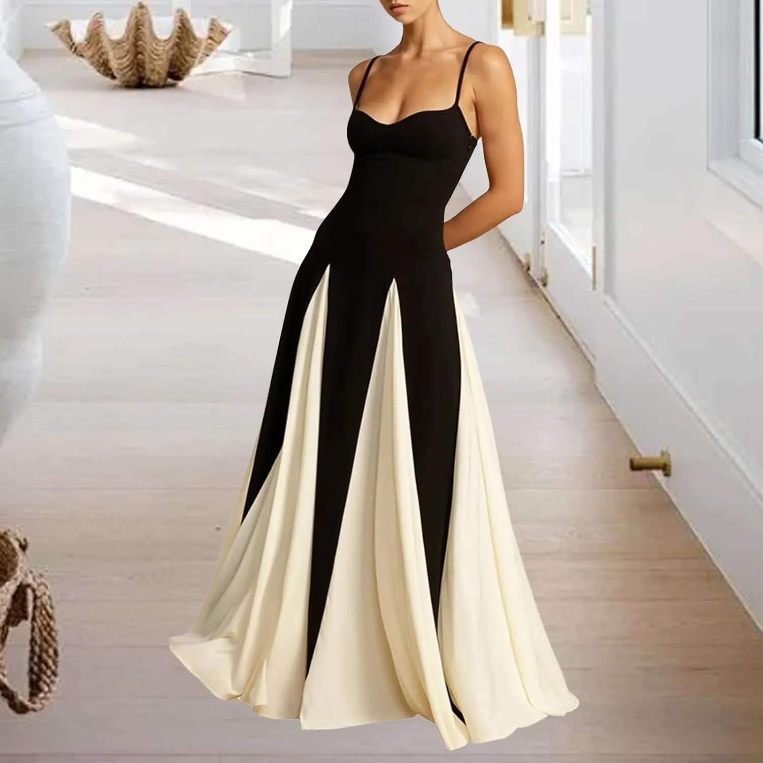 Women's Spaghetti Strap Maxi Dress Trendy Flowy Color Block Sleeveless Patchwork Swing Long Prom Dresses