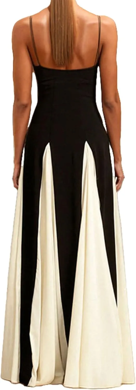 Women's Spaghetti Strap Maxi Dress Trendy Flowy Color Block Sleeveless Patchwork Swing Long Prom Dresses