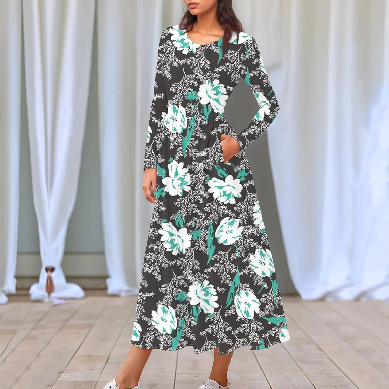 Womens Spring Dresses 2025 Long Sleeve Midi V Neck Work Cute Modest Summer Fashion Waist Dress