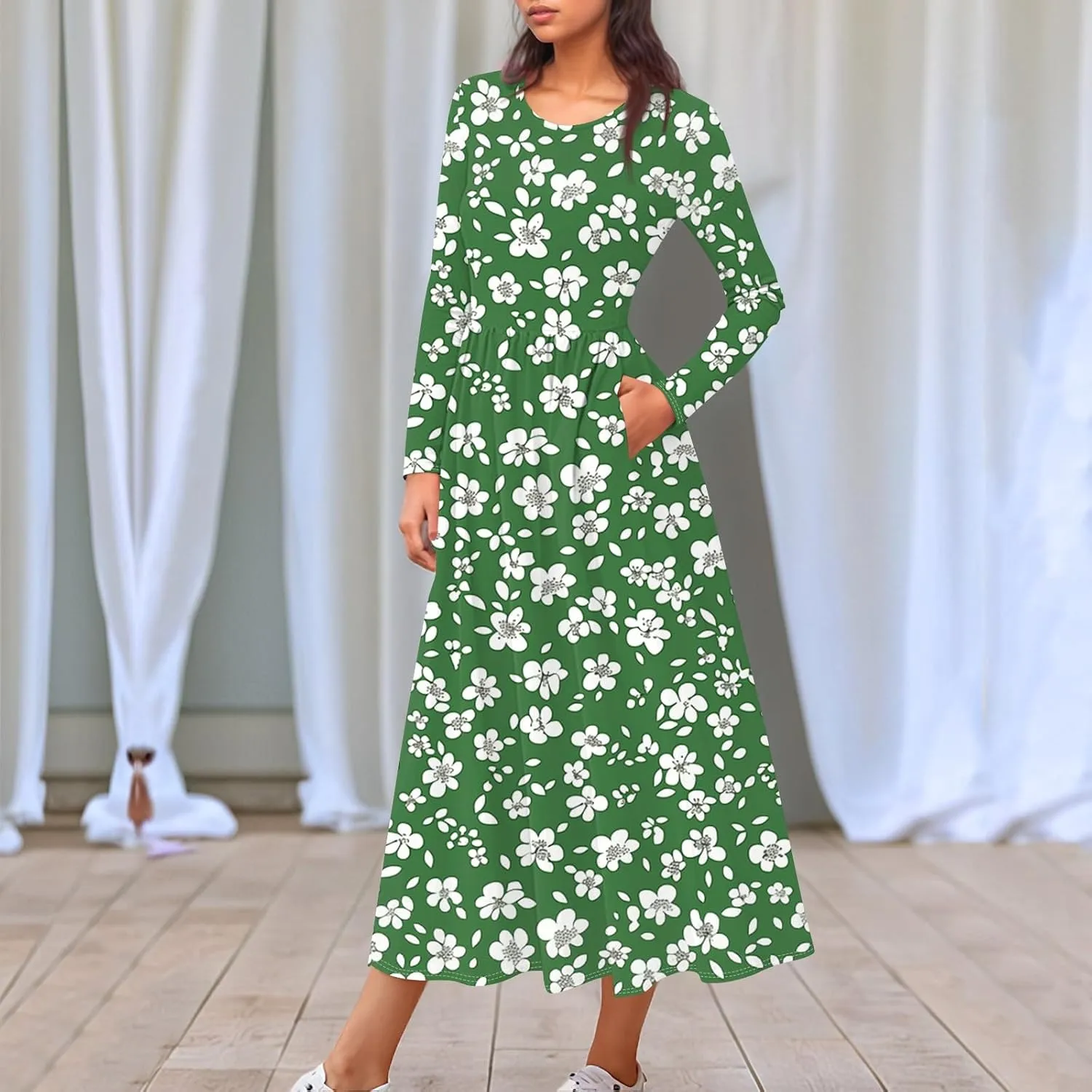 Womens Spring Dresses 2025 Long Sleeve Midi V Neck Work Cute Modest Summer Fashion Waist Dress