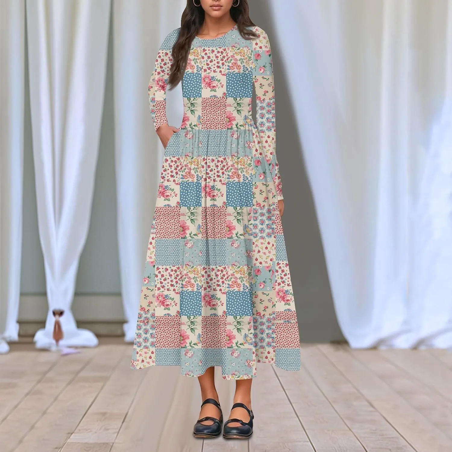 Womens Spring Dresses 2025 Long Sleeve Midi V Neck Work Cute Modest Summer Fashion Waist Dress