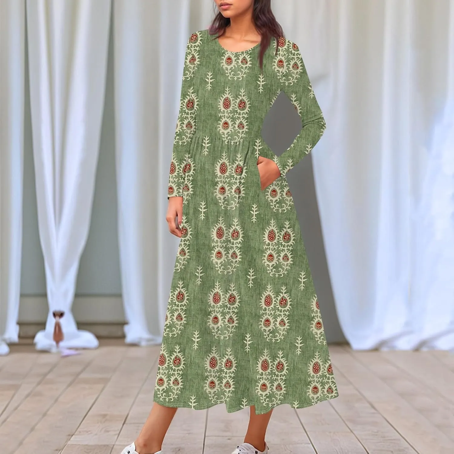 Womens Spring Dresses 2025 Long Sleeve Midi V Neck Work Cute Modest Summer Fashion Waist Dress