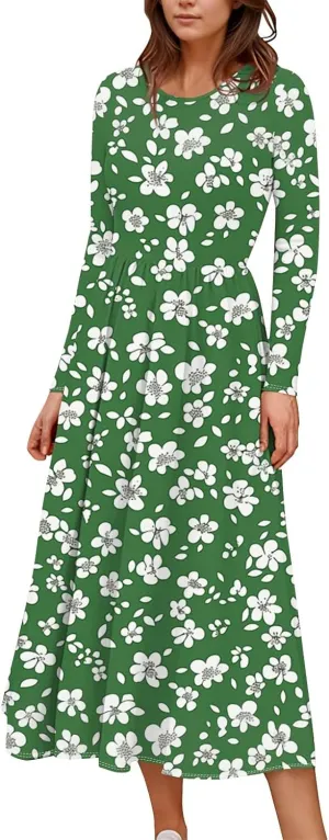 Womens Spring Dresses 2025 Long Sleeve Midi V Neck Work Cute Modest Summer Fashion Waist Dress