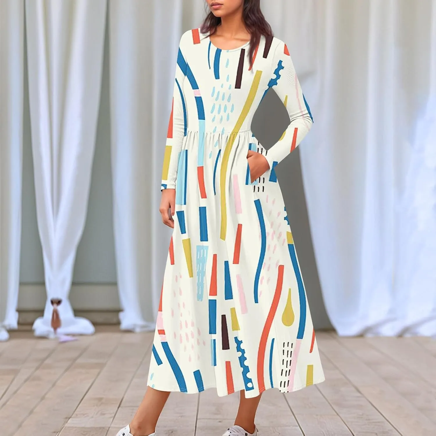 Womens Spring Dresses 2025 Long Sleeve Midi V Neck Work Cute Modest Summer Fashion Waist Dress