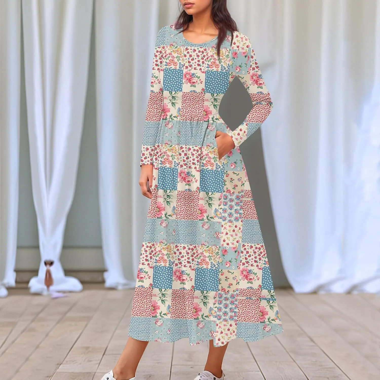 Womens Spring Dresses 2025 Long Sleeve Midi V Neck Work Cute Modest Summer Fashion Waist Dress