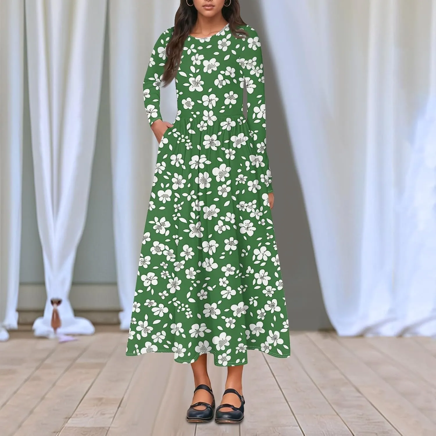 Womens Spring Dresses 2025 Long Sleeve Midi V Neck Work Cute Modest Summer Fashion Waist Dress