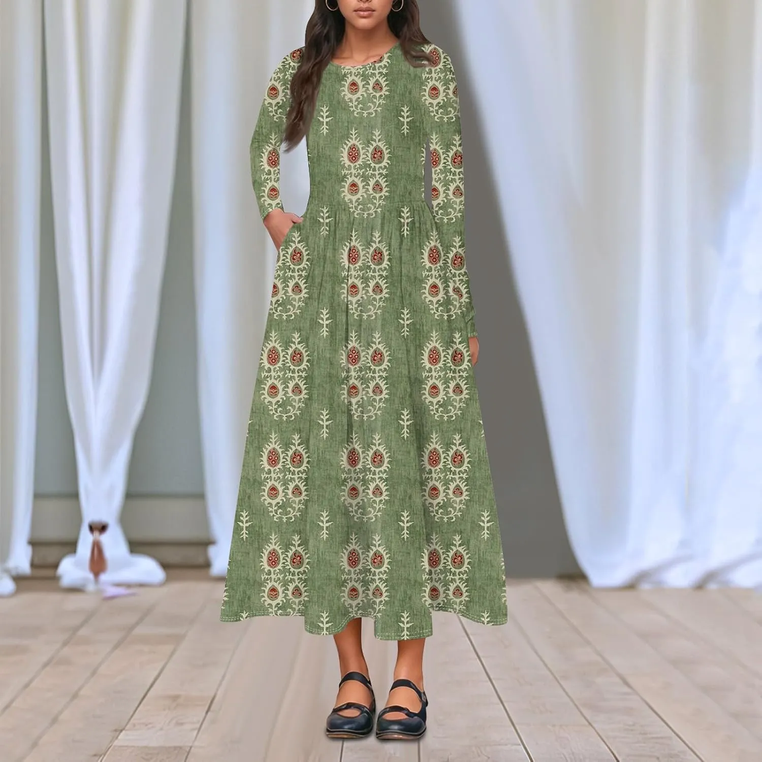 Womens Spring Dresses 2025 Long Sleeve Midi V Neck Work Cute Modest Summer Fashion Waist Dress