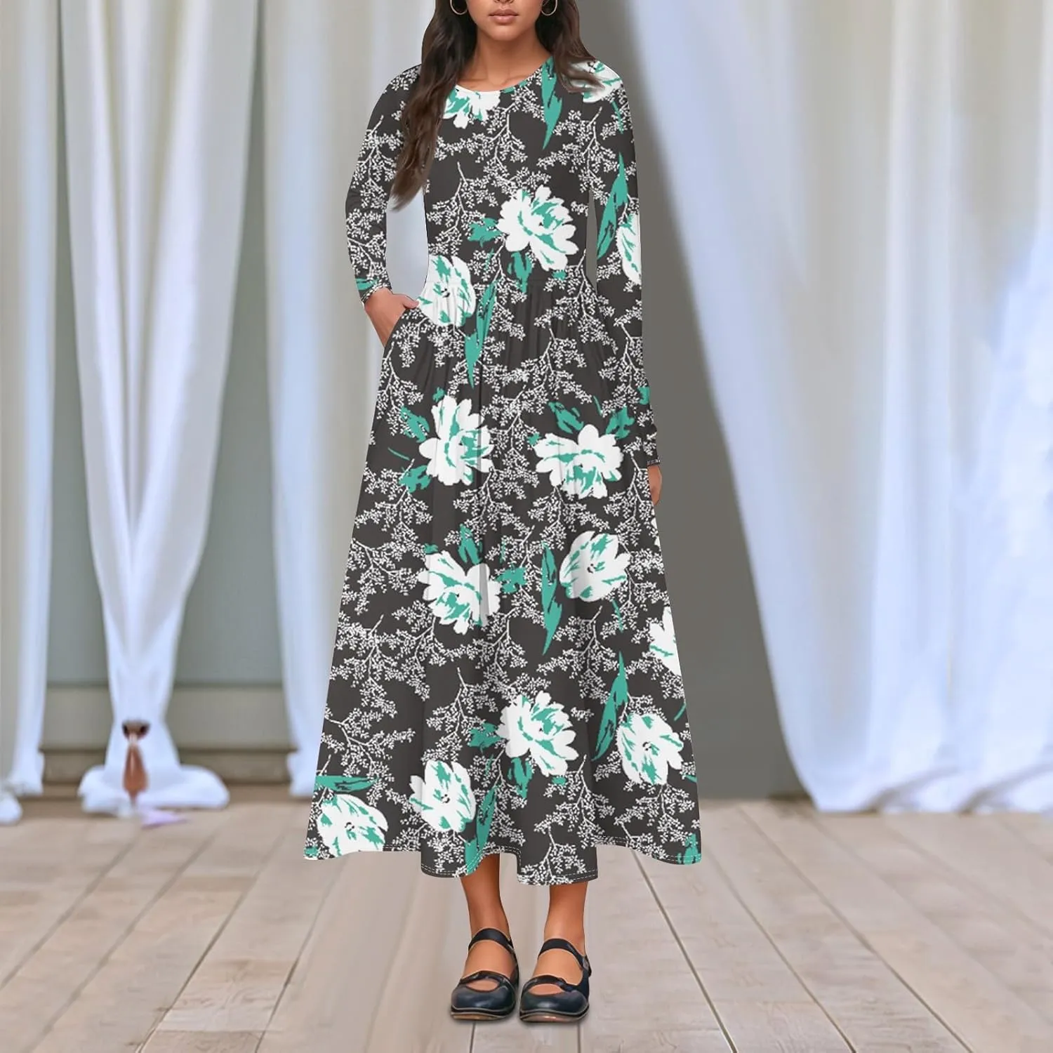 Womens Spring Dresses 2025 Long Sleeve Midi V Neck Work Cute Modest Summer Fashion Waist Dress