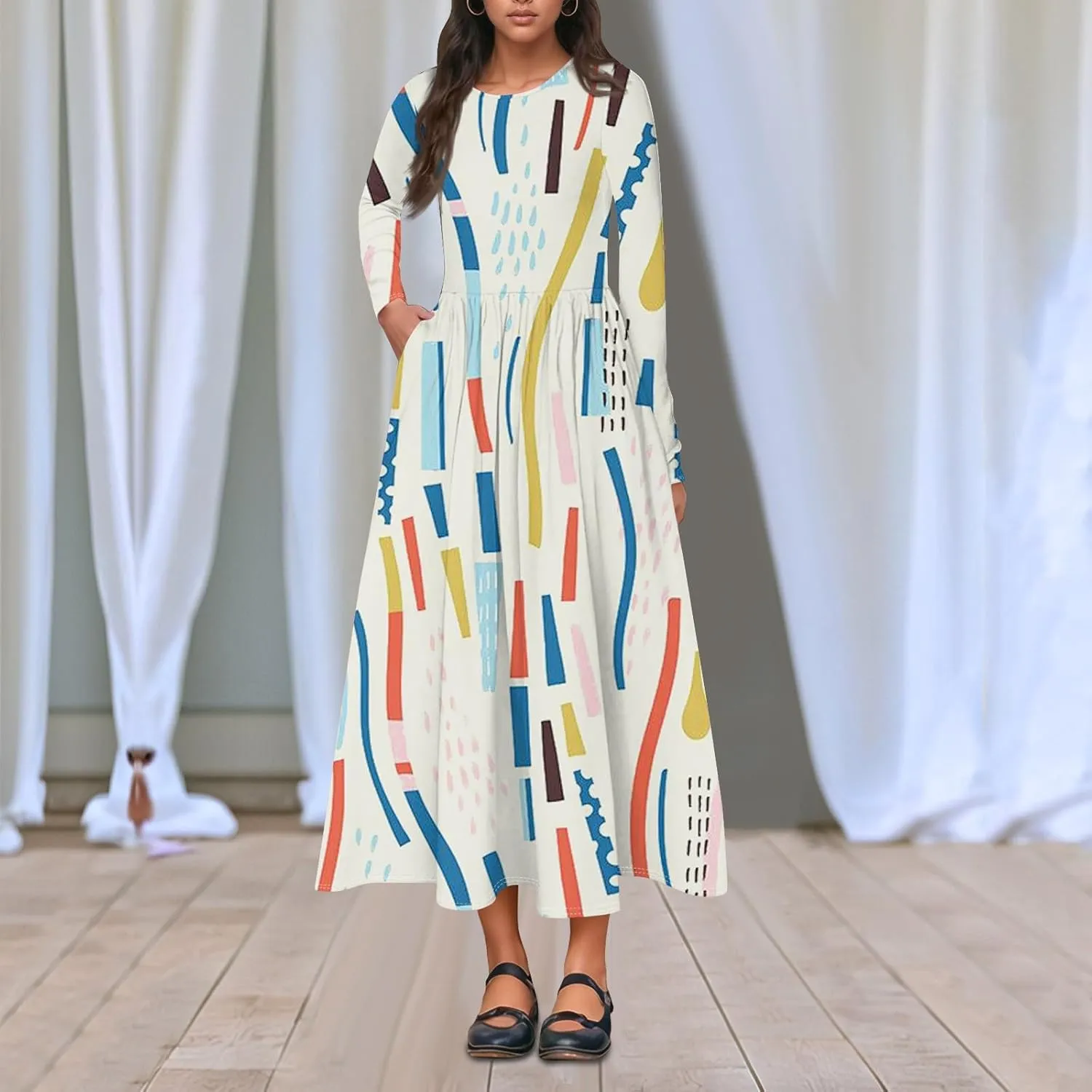Womens Spring Dresses 2025 Long Sleeve Midi V Neck Work Cute Modest Summer Fashion Waist Dress