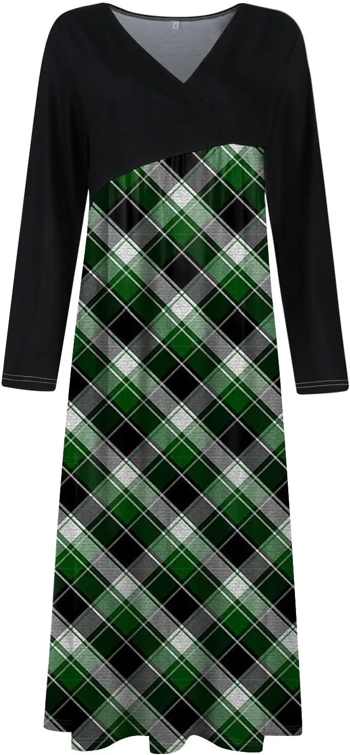 Womens Spring Dresses 2025 Midi Long Sleeve V Neck Trendy Modest Casual Cute Swing Waist Dress