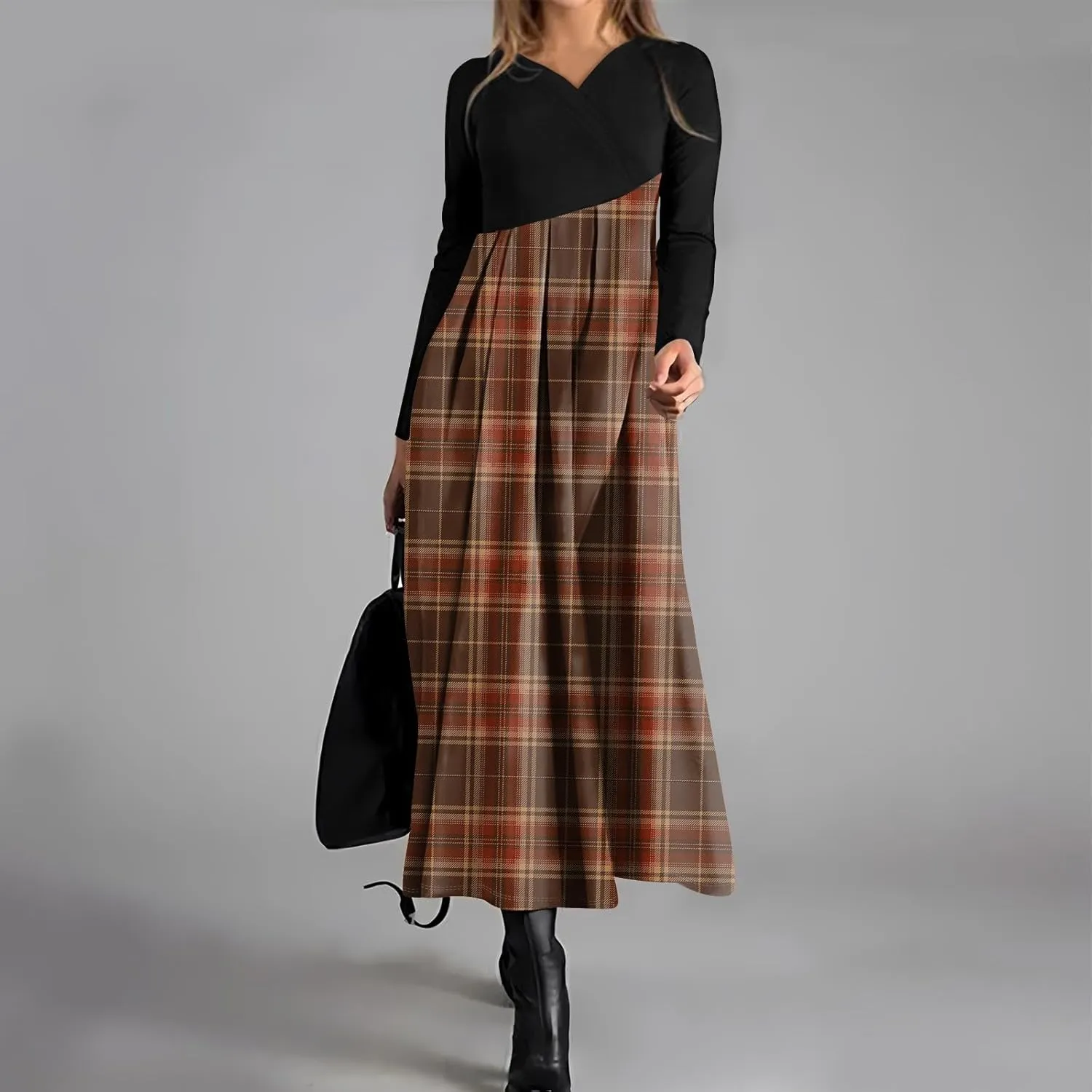 Womens Spring Dresses 2025 Midi Long Sleeve V Neck Trendy Modest Casual Cute Swing Waist Dress