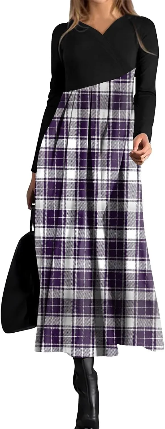 Womens Spring Dresses 2025 Midi Long Sleeve V Neck Trendy Modest Casual Cute Swing Waist Dress
