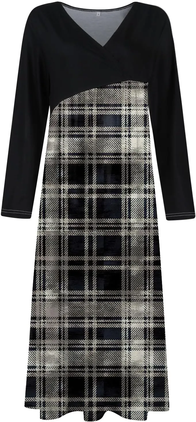 Womens Spring Dresses 2025 Midi Long Sleeve V Neck Trendy Modest Casual Cute Swing Waist Dress