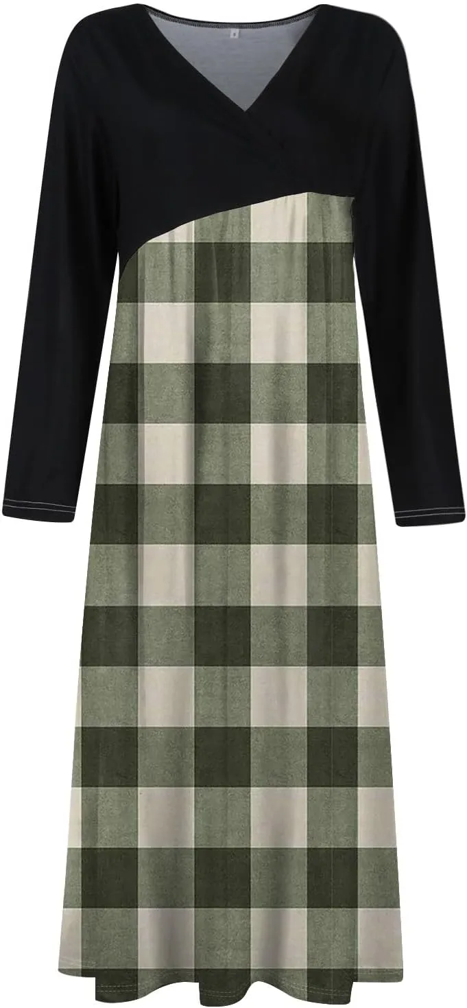 Womens Spring Dresses 2025 Midi Long Sleeve V Neck Trendy Modest Casual Cute Swing Waist Dress