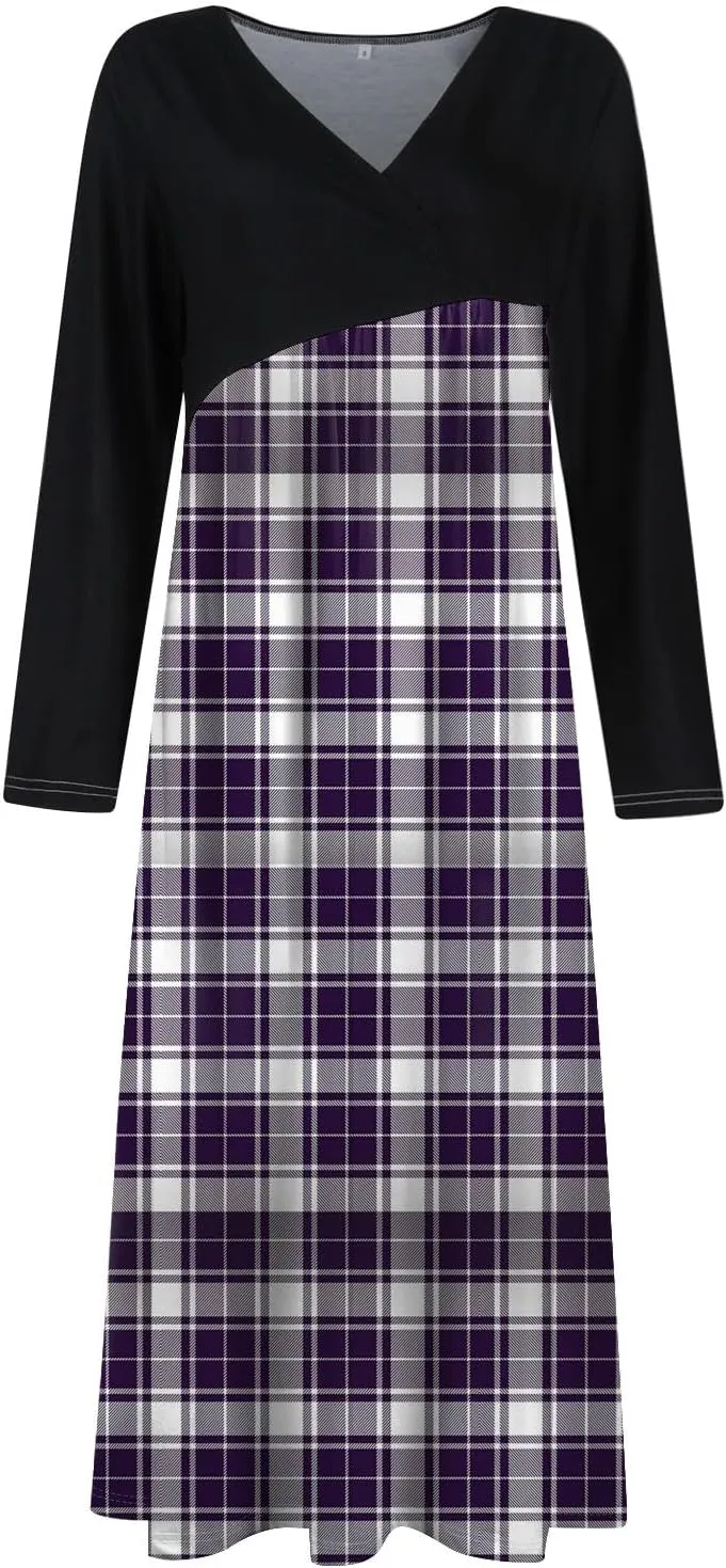 Womens Spring Dresses 2025 Midi Long Sleeve V Neck Trendy Modest Casual Cute Swing Waist Dress
