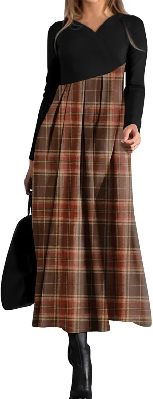 Womens Spring Dresses 2025 Midi Long Sleeve V Neck Trendy Modest Casual Cute Swing Waist Dress