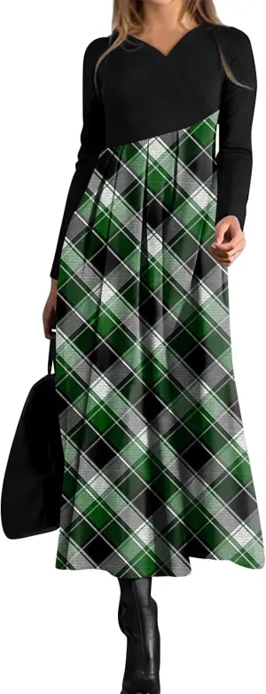 Womens Spring Dresses 2025 Midi Long Sleeve V Neck Trendy Modest Casual Cute Swing Waist Dress