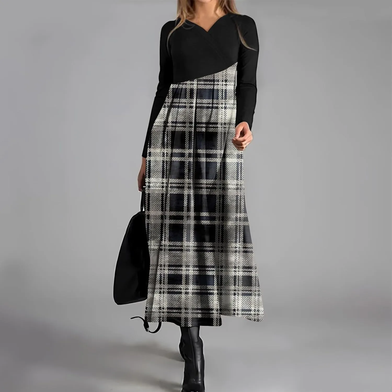 Womens Spring Dresses 2025 Midi Long Sleeve V Neck Trendy Modest Casual Cute Swing Waist Dress