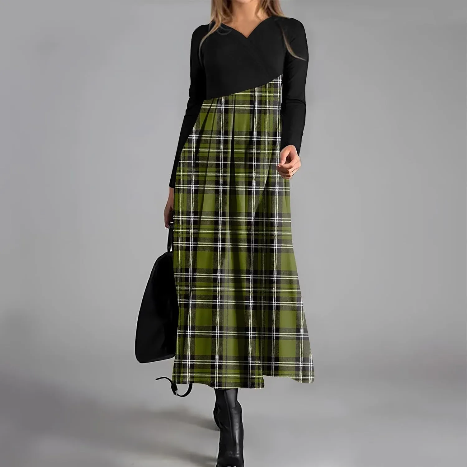 Womens Spring Dresses 2025 Midi Long Sleeve V Neck Trendy Modest Casual Cute Swing Waist Dress