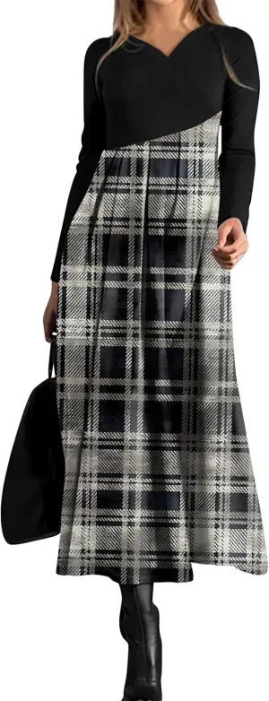 Womens Spring Dresses 2025 Midi Long Sleeve V Neck Trendy Modest Casual Cute Swing Waist Dress