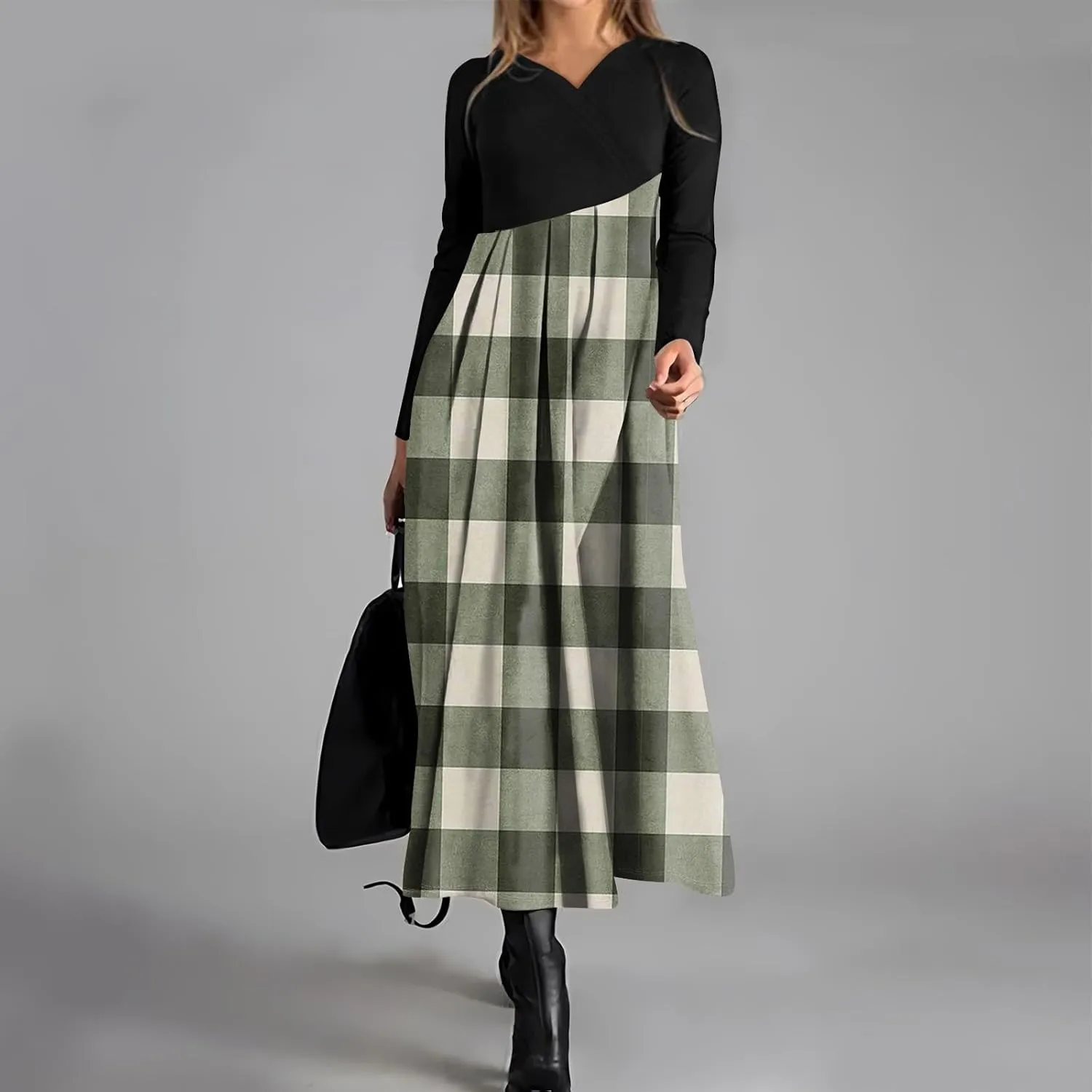 Womens Spring Dresses 2025 Midi Long Sleeve V Neck Trendy Modest Casual Cute Swing Waist Dress