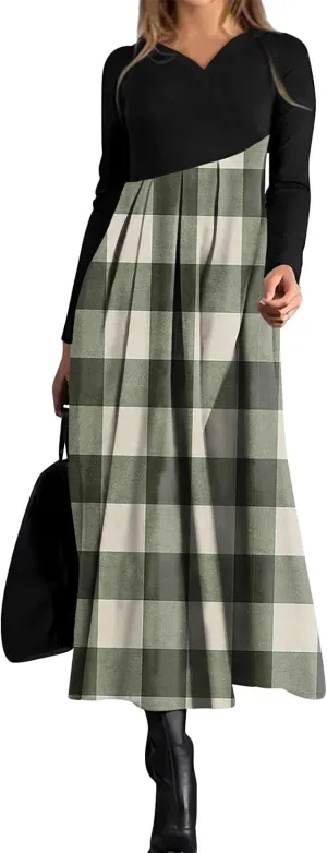 Womens Spring Dresses 2025 Midi Long Sleeve V Neck Trendy Modest Casual Cute Swing Waist Dress