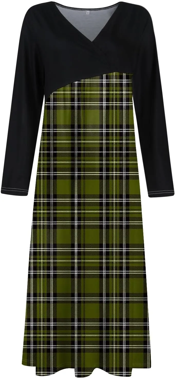 Womens Spring Dresses 2025 Midi Long Sleeve V Neck Trendy Modest Casual Cute Swing Waist Dress