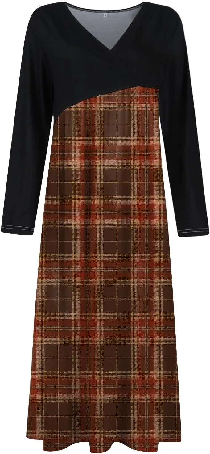 Womens Spring Dresses 2025 Midi Long Sleeve V Neck Trendy Modest Casual Cute Swing Waist Dress