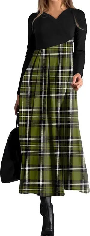 Womens Spring Dresses 2025 Midi Long Sleeve V Neck Trendy Modest Casual Cute Swing Waist Dress