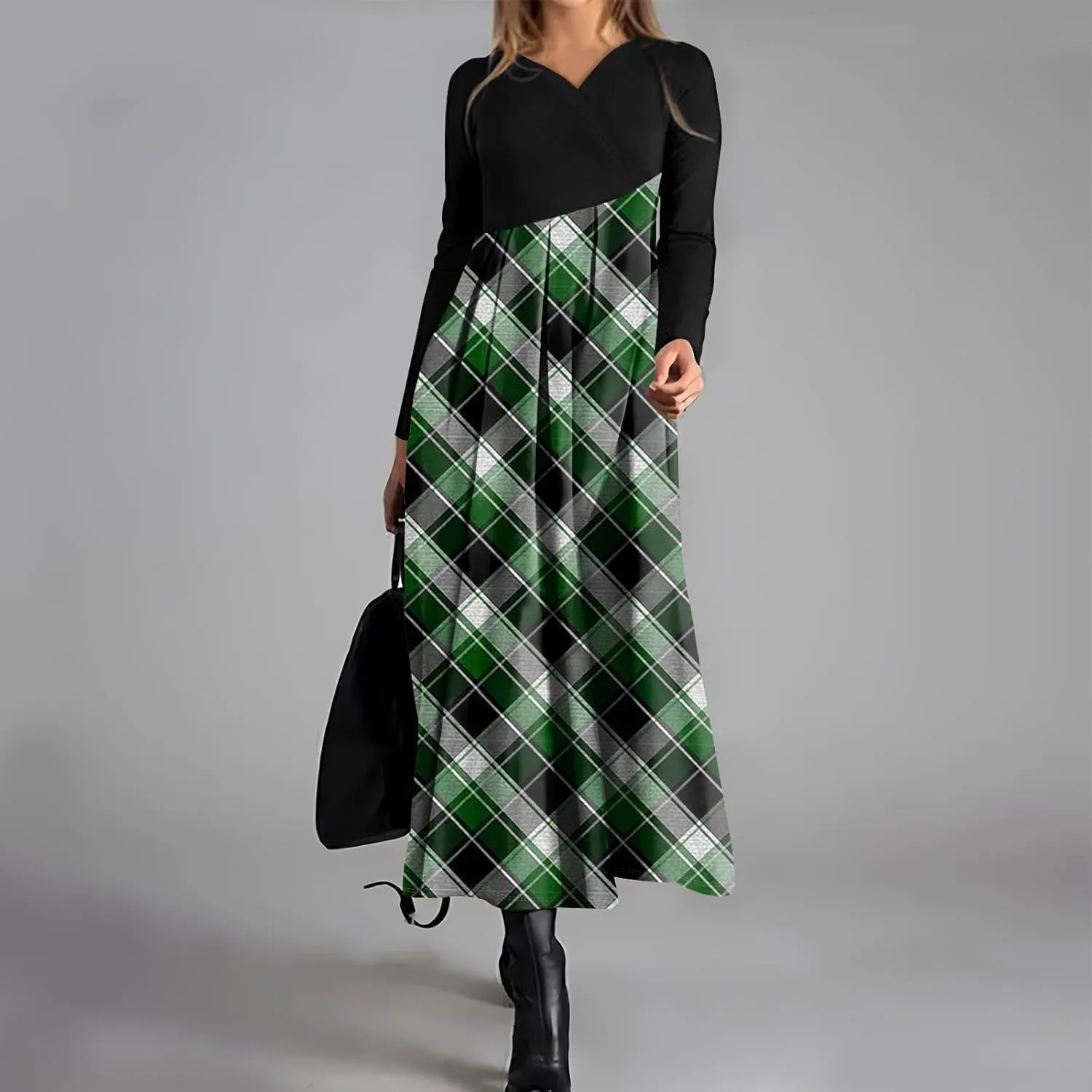 Womens Spring Dresses 2025 Midi Long Sleeve V Neck Trendy Modest Casual Cute Swing Waist Dress
