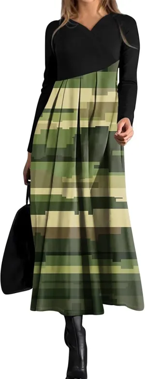 Womens Spring Fashion 2025 Dress Long Sleeve Midi V Neck Flowy Vacation Work Cute Loose Waist Dress