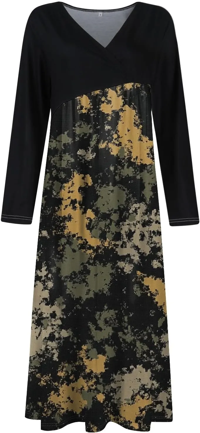 Womens Spring Fashion 2025 Dress Long Sleeve Midi V Neck Flowy Vacation Work Cute Loose Waist Dress