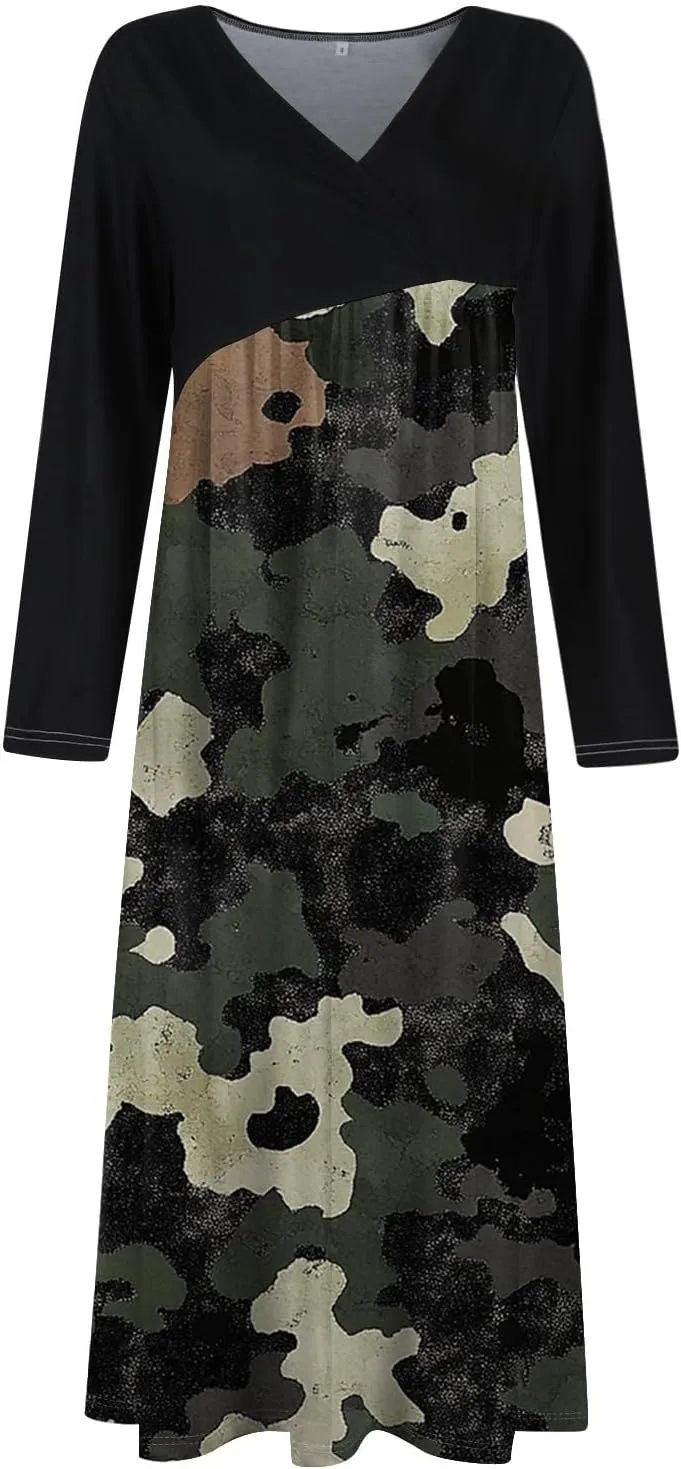 Womens Spring Fashion 2025 Dress Long Sleeve Midi V Neck Flowy Vacation Work Cute Loose Waist Dress