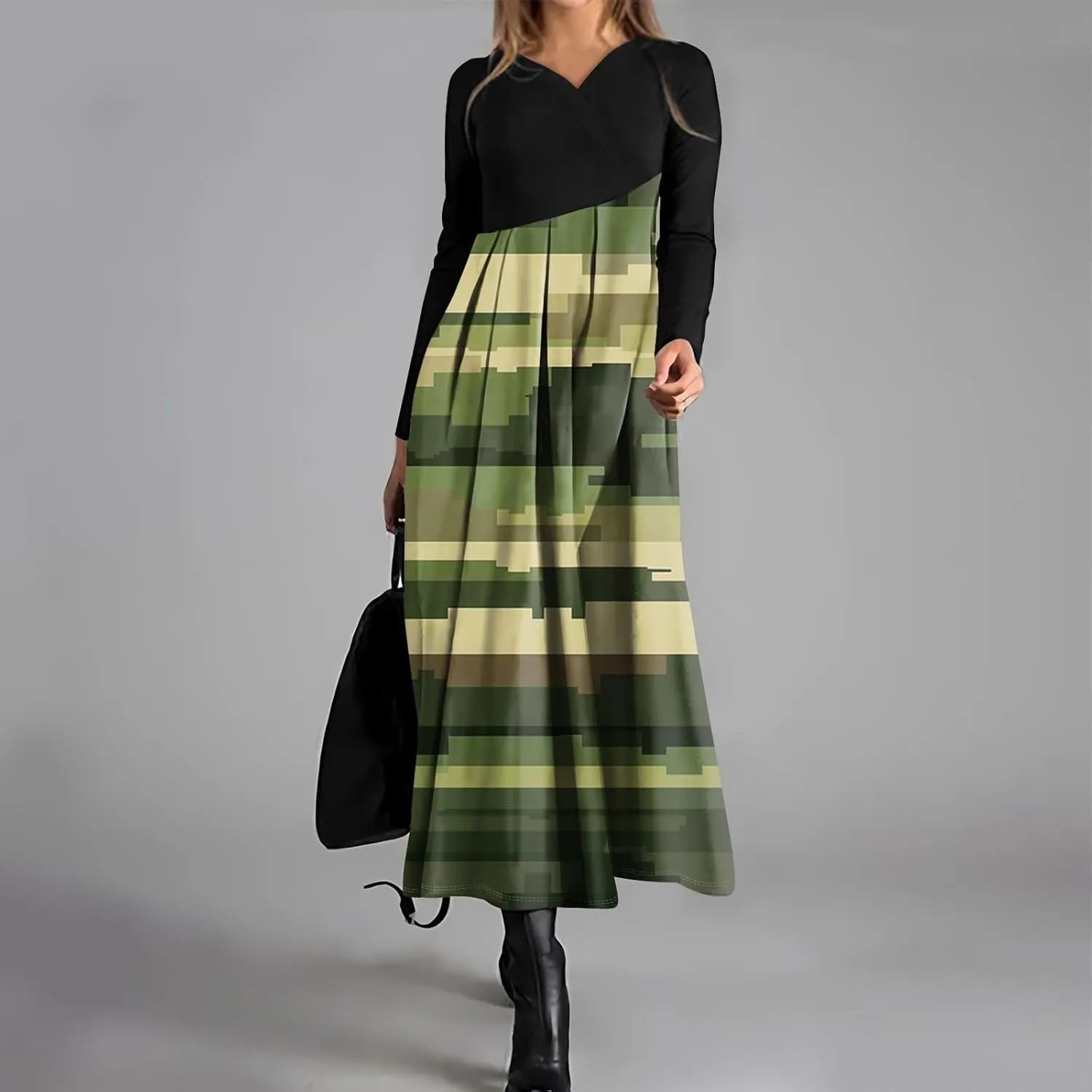 Womens Spring Fashion 2025 Dress Long Sleeve Midi V Neck Flowy Vacation Work Cute Loose Waist Dress