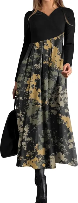 Womens Spring Fashion 2025 Dress Long Sleeve Midi V Neck Flowy Vacation Work Cute Loose Waist Dress
