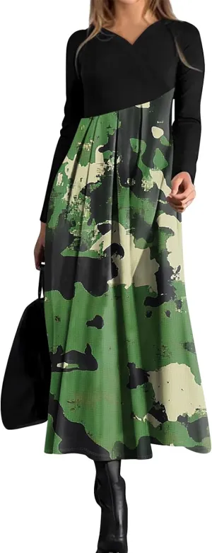 Womens Spring Fashion 2025 Dress Long Sleeve Midi V Neck Flowy Vacation Work Cute Loose Waist Dress