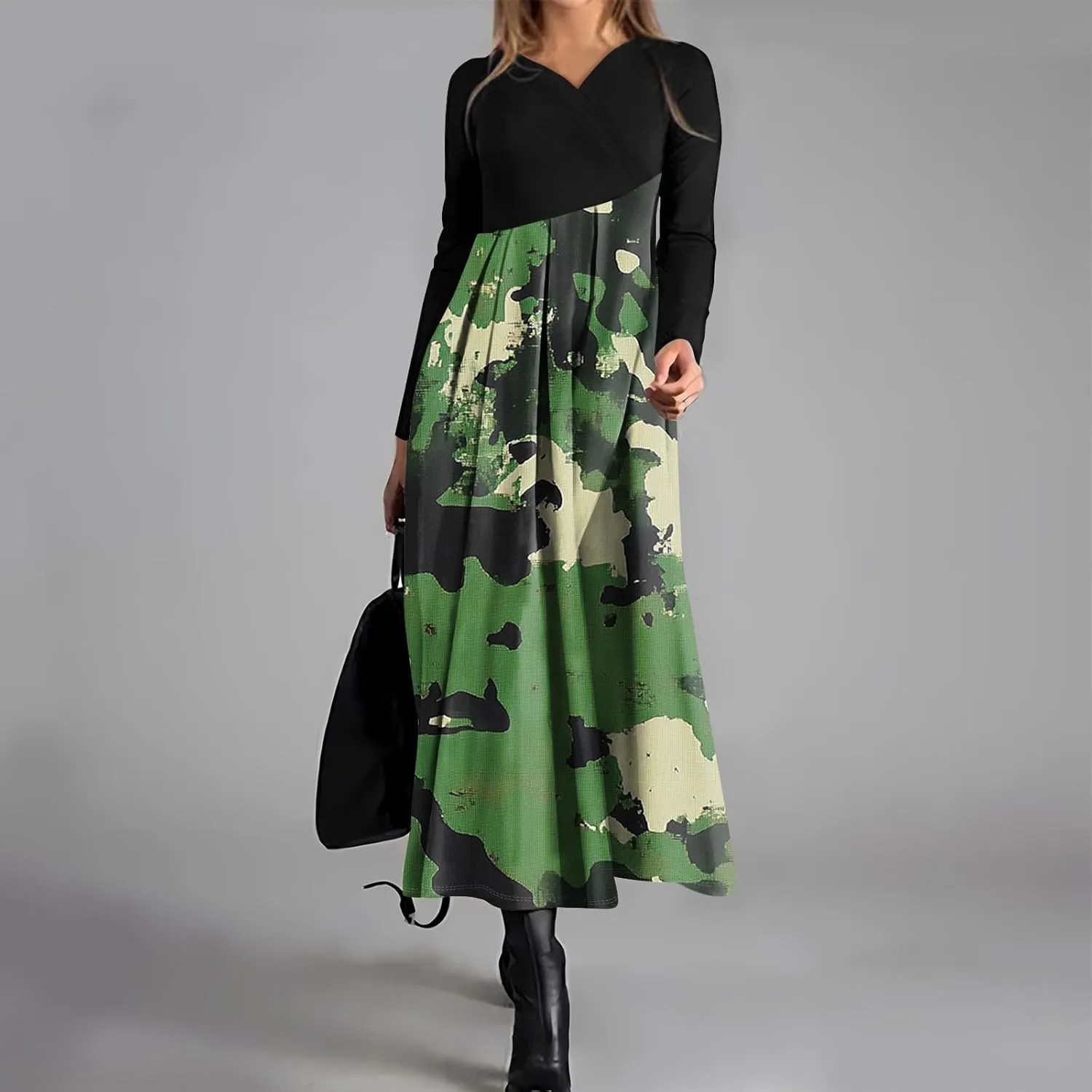 Womens Spring Fashion 2025 Dress Long Sleeve Midi V Neck Flowy Vacation Work Cute Loose Waist Dress