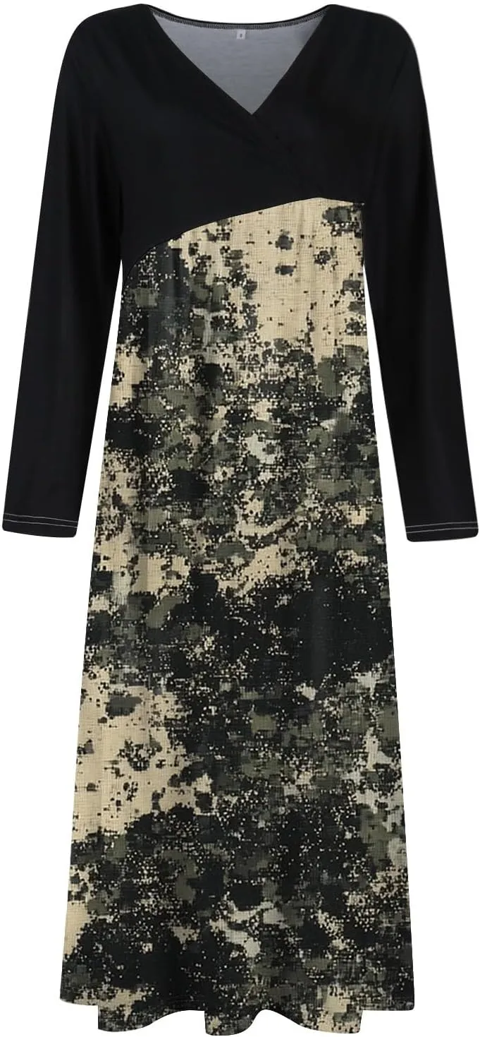 Womens Spring Fashion 2025 Dress Long Sleeve Midi V Neck Flowy Vacation Work Cute Loose Waist Dress